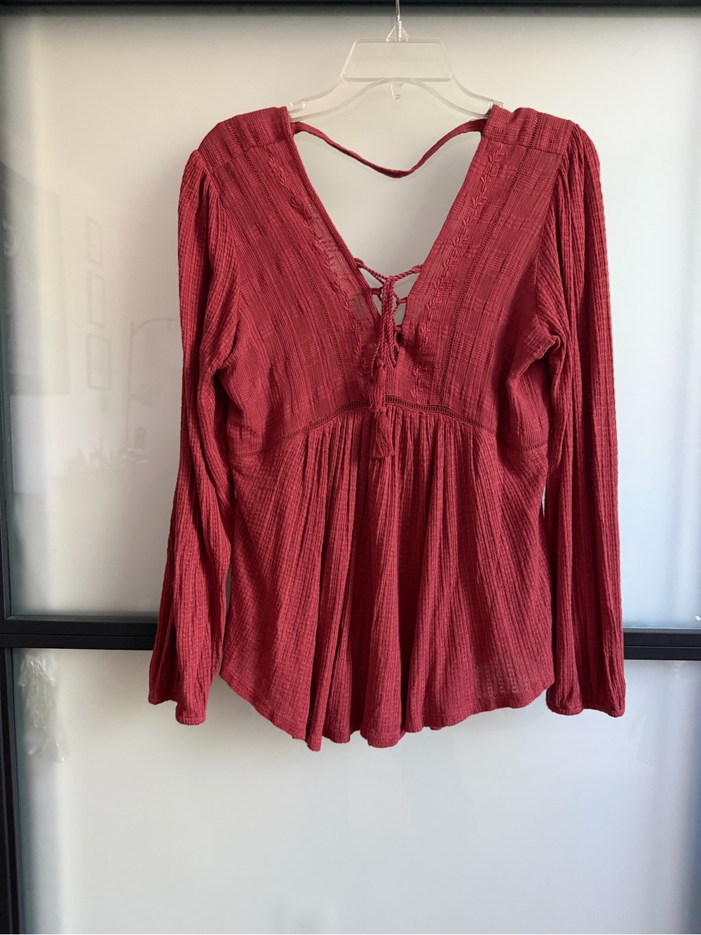 Lucky Brand M Red Boho Embroidered Lace Up Tassel Peasant Blouse